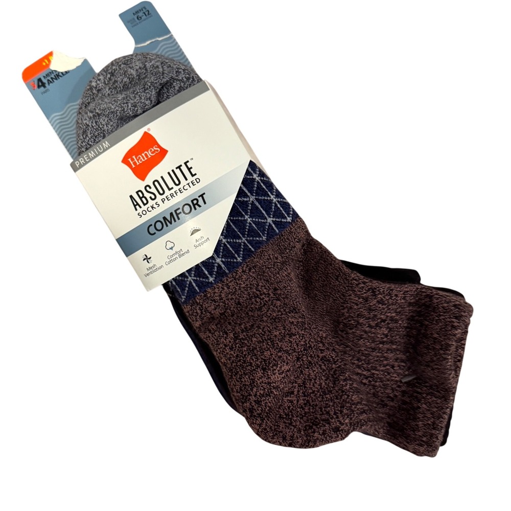 Hanes Absolute Comfort Mens Ankle Socks 4 Pair Pack Cotton Blend Marled 6-12